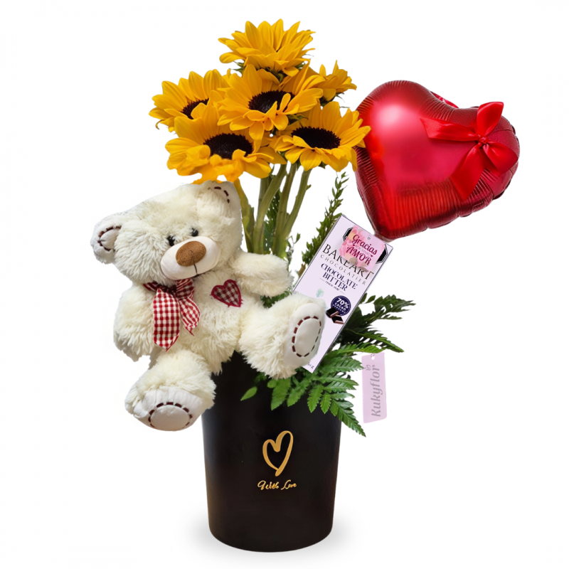 Sombrerera de Girasoles Peluche Chocolate y Globo
