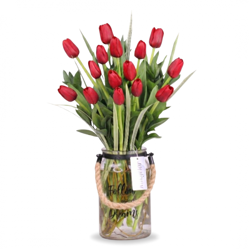 Vase of 15 Red Tulips