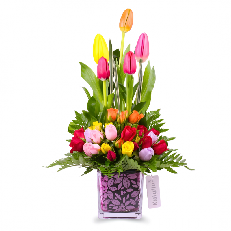 Arrangement of 5 multicolored tulips and mini roses
