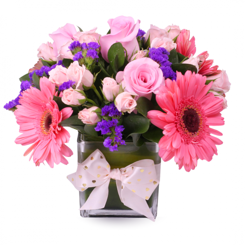 Arrangement of roses, mini roses and gerberas