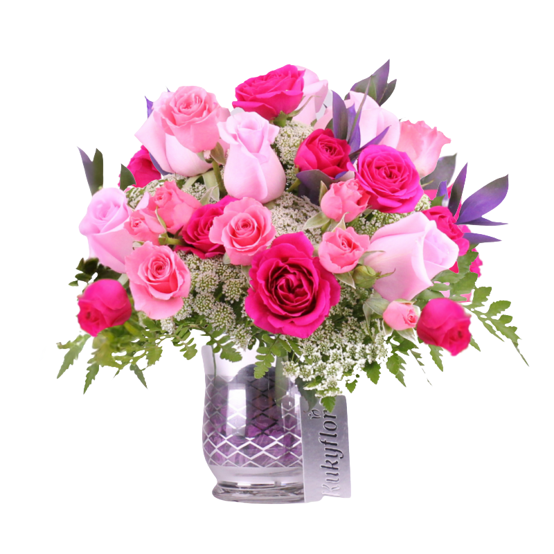 Arreglo de 6 Rosas Rosadas y Minirosas Pasteles