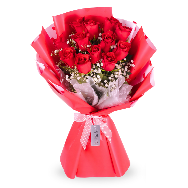 Ramo de 12 rosas rojas con gypsophila