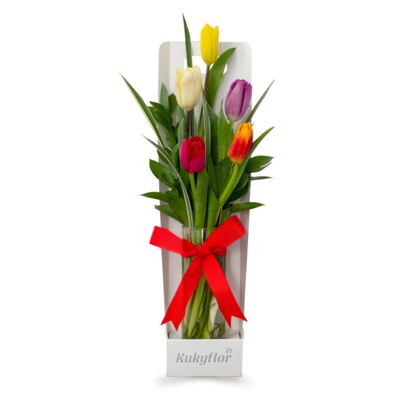 Florero con 5 tulipanes con portaflorero