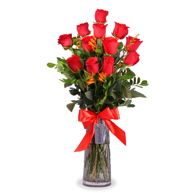 Vase of 12 red roses with gladiolus