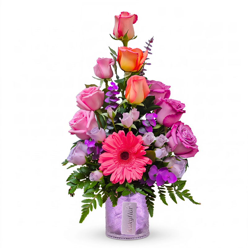 Arreglo en bombonera con 9 rosas y minirosas pastel