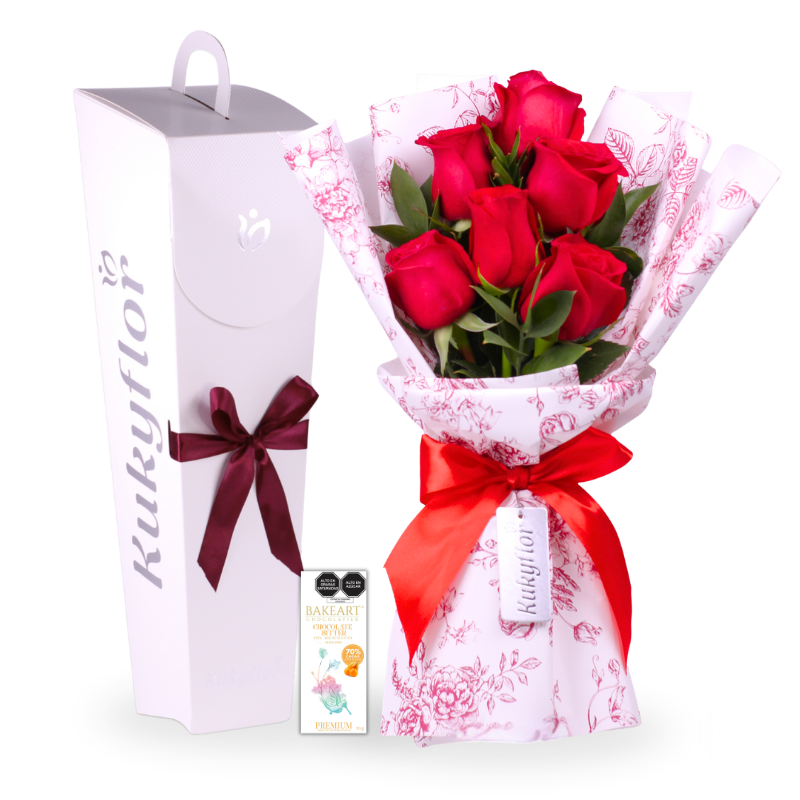 Luxury box with bouquet of 6 red roses + 50g BakeArt chocolate