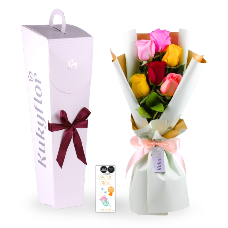 Luxury box with bouquet of 6 red roses + 50g BakeArt chocolate