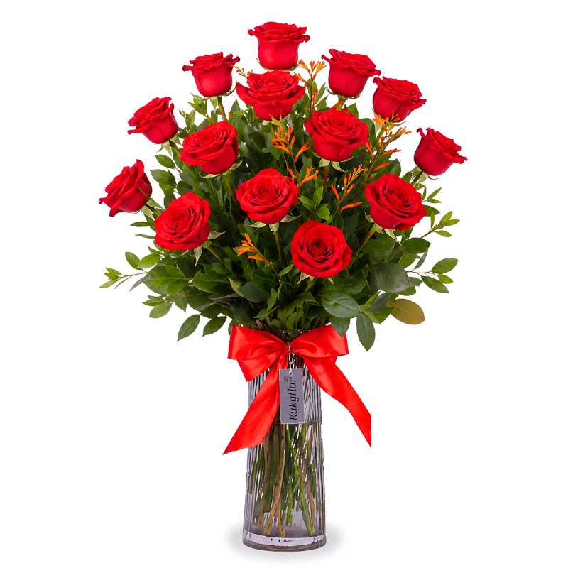 Vase of 12 red roses with gladiolus