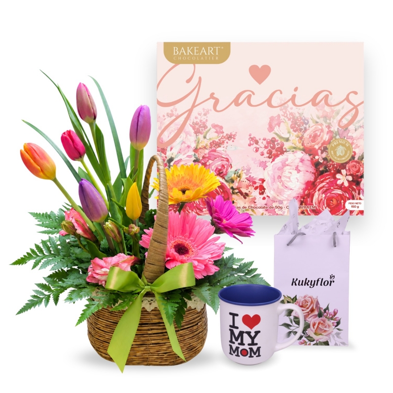 Canasta de 6 Tulipanes multicolor con 3 Gerberas