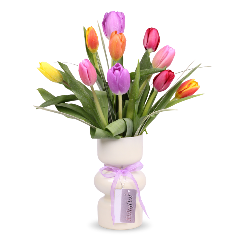 Arrangement of 10 multicolored tulips in a vase