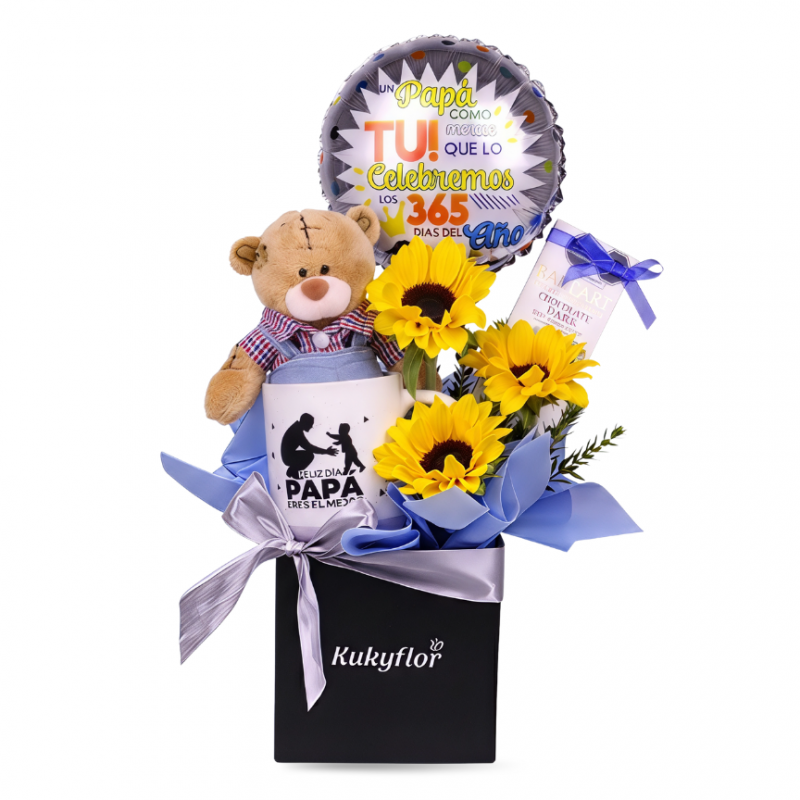 Box de 3 girasoles, peluche y globo D