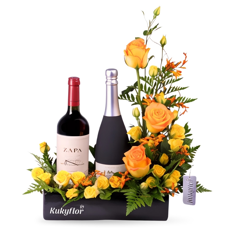 Rose arrangement with mini roses and wine D