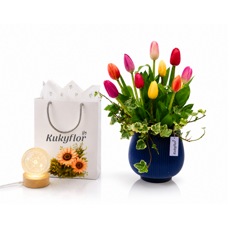 Pack Florero azul con 10 tulipanes Multicolor y Lampara led
