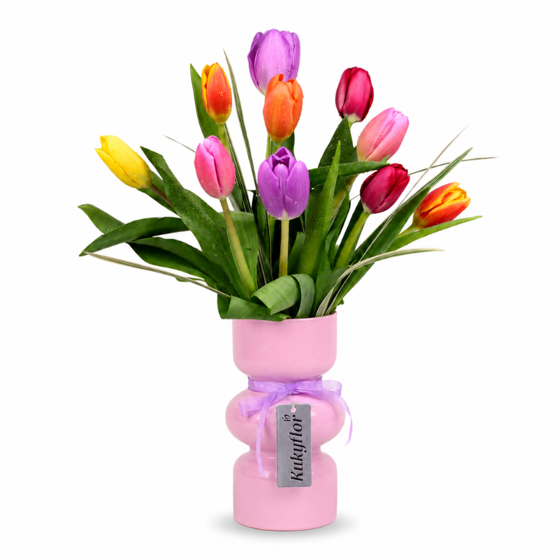 Florero de 10 tulipanes multicolor