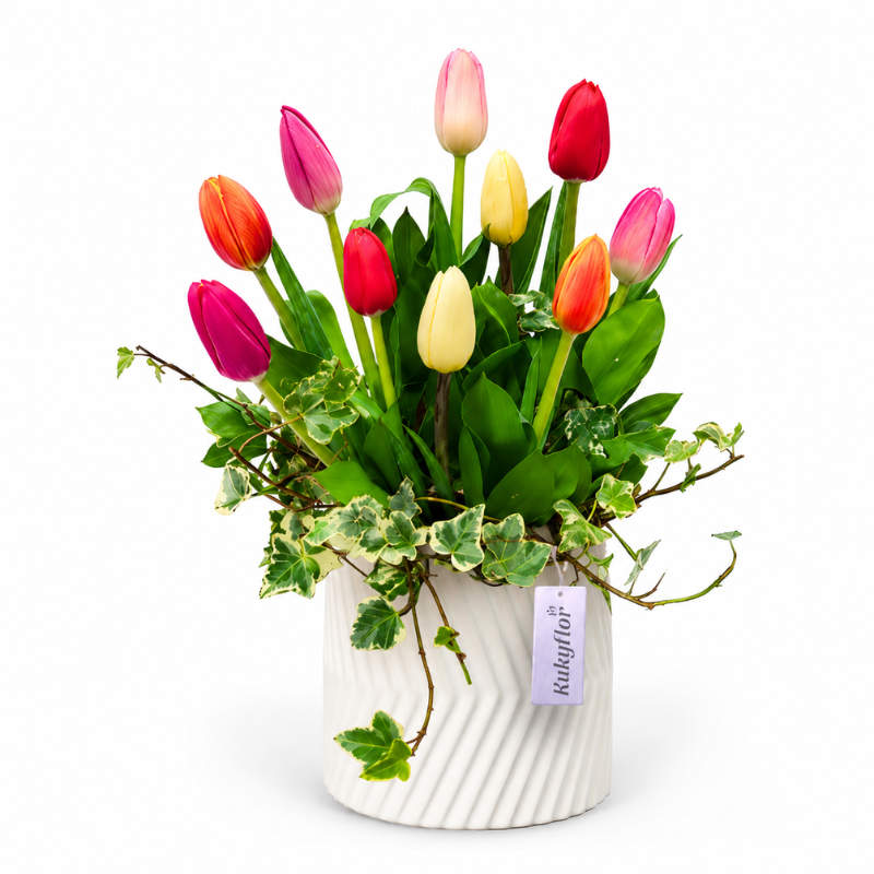 Florero Blanco de 10 Tulipanes Multicolor D