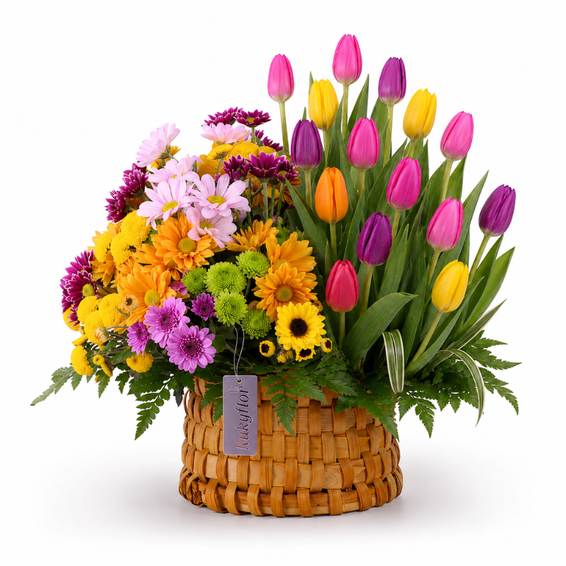 Canasta de Tulipanes con margaritas