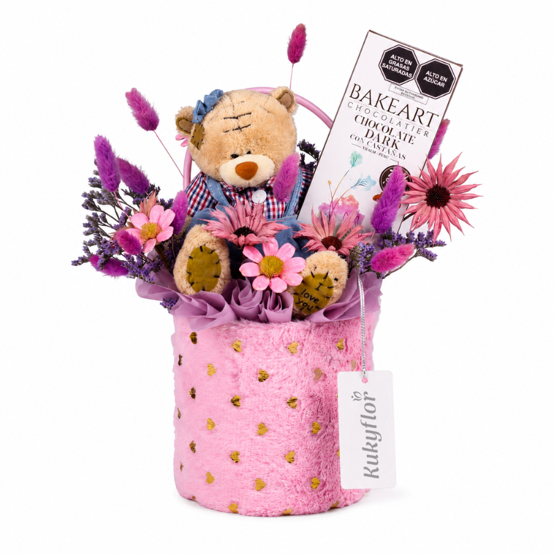 Sombrerera con osita y flores artesanales D
