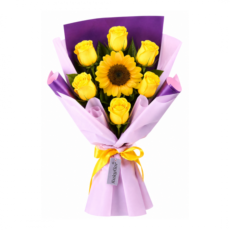 Ramo con 6 rosas amarillas y 1 girasol