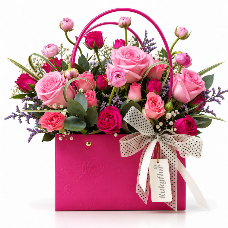 Valentina Handbag Arrangement of Roses and Ranunculus