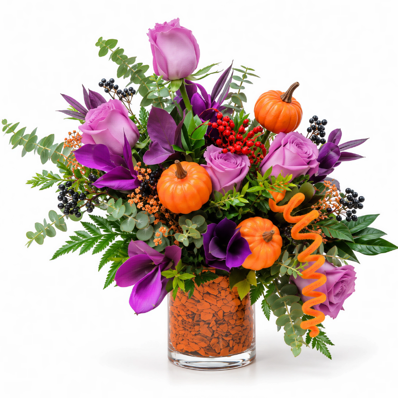 Arreglo de rosas lilas con calabazas