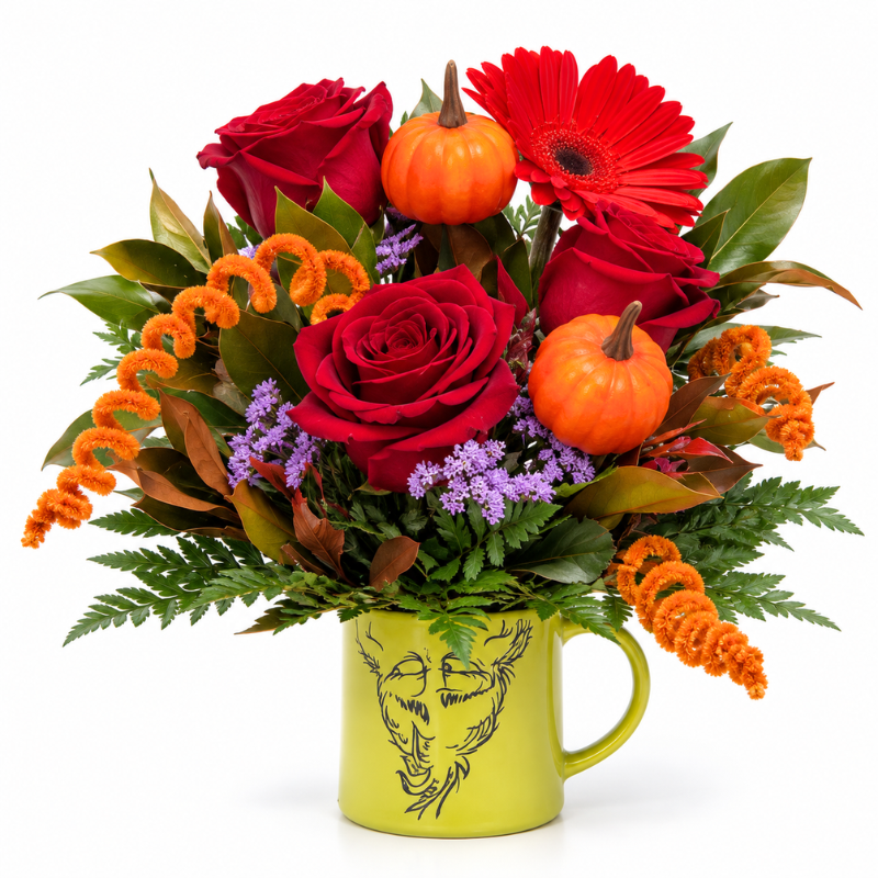 Arrangement of roses, gerbera daisies, and pumpkins