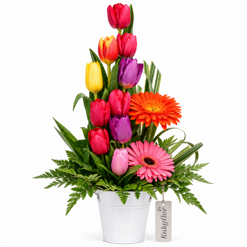 Arrangement of 10 tulips with mini gerbera