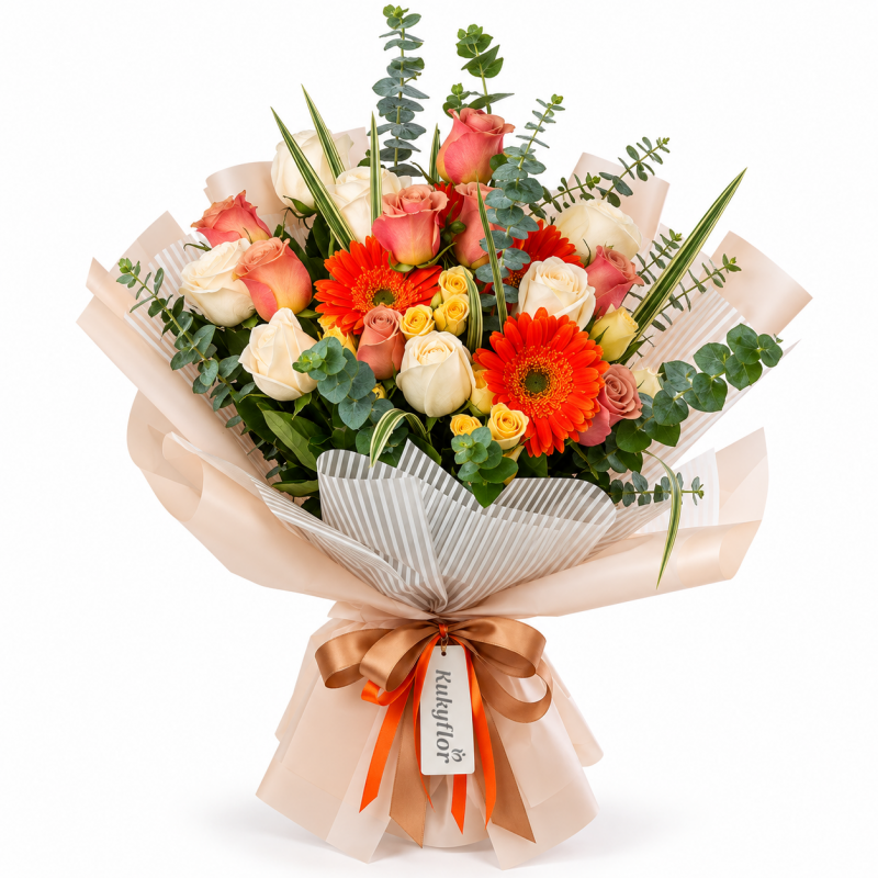 Vivian Bouquet of 15 Roses, Spray Roses, and Gerbera Daisies
