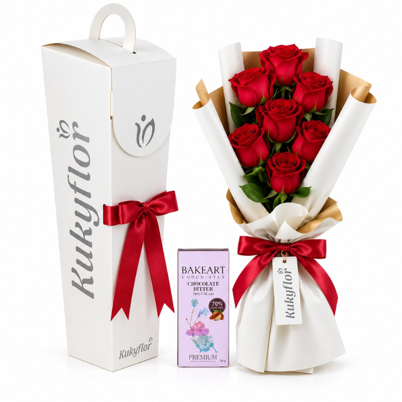 Pack of roses in a box + chocolate