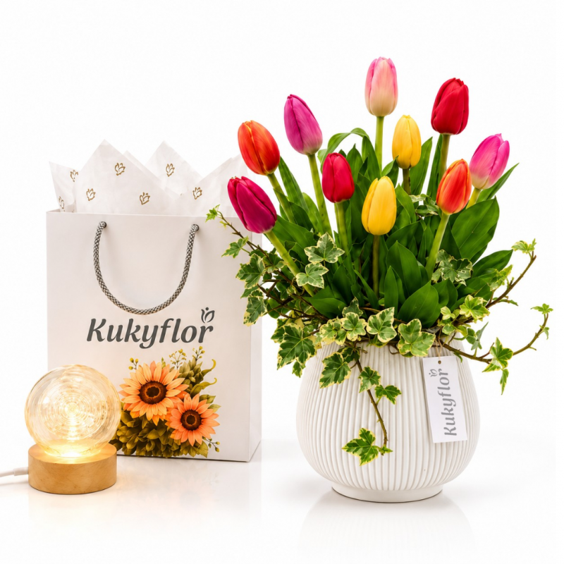 Vase Set with 10 Multicolored Tulips and LED Lamp