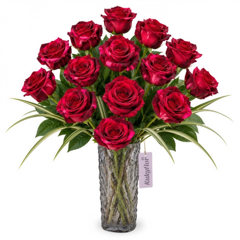 Florero de 15 Rosas Rojas de Jardín
