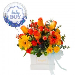 Box Blanco con Flores Naranjas y Amarillas + Globo