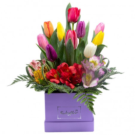 Green Box with 10 Assorted Tulips and Alstroemeria
