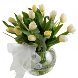 Beautiful Funeral Arrangement of 20 White Tulips in a Fishbowl