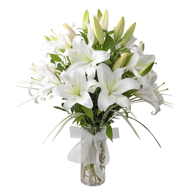 Vase of 10 white lilies