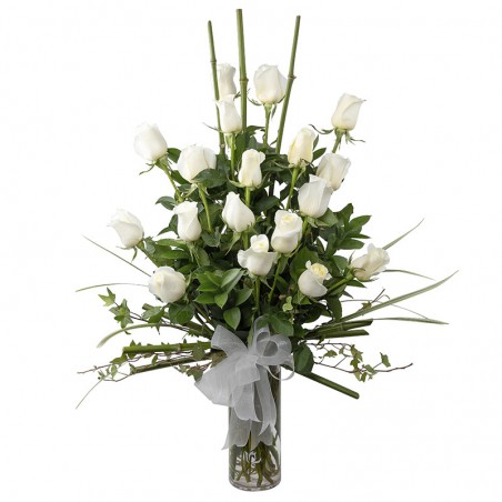 Vase of 18 white roses and bamboo