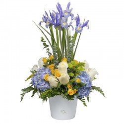 Arrangement with roses, irises, mini roses and hydrangeas.