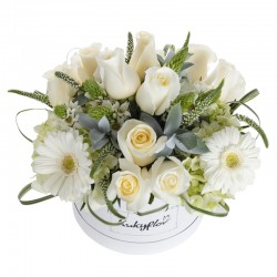 Box de rosas, estrella de Belén, hortensias verdes, gerberas blancas