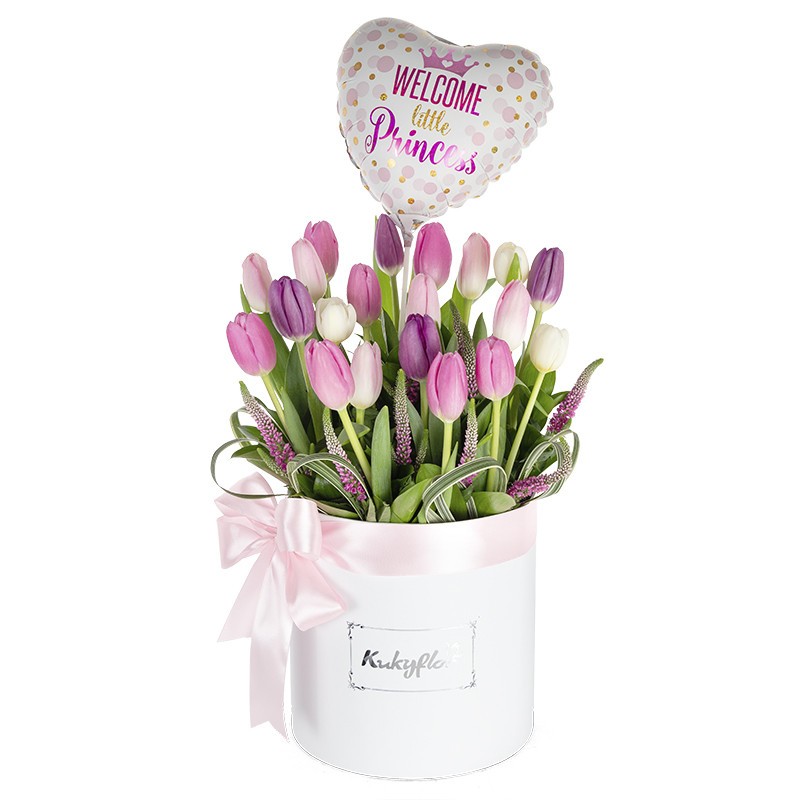 Box of 20 pastel tulips with girl balloon.