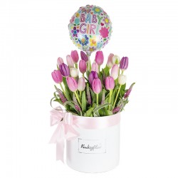 Box of 20 pastel tulips with girl balloon.