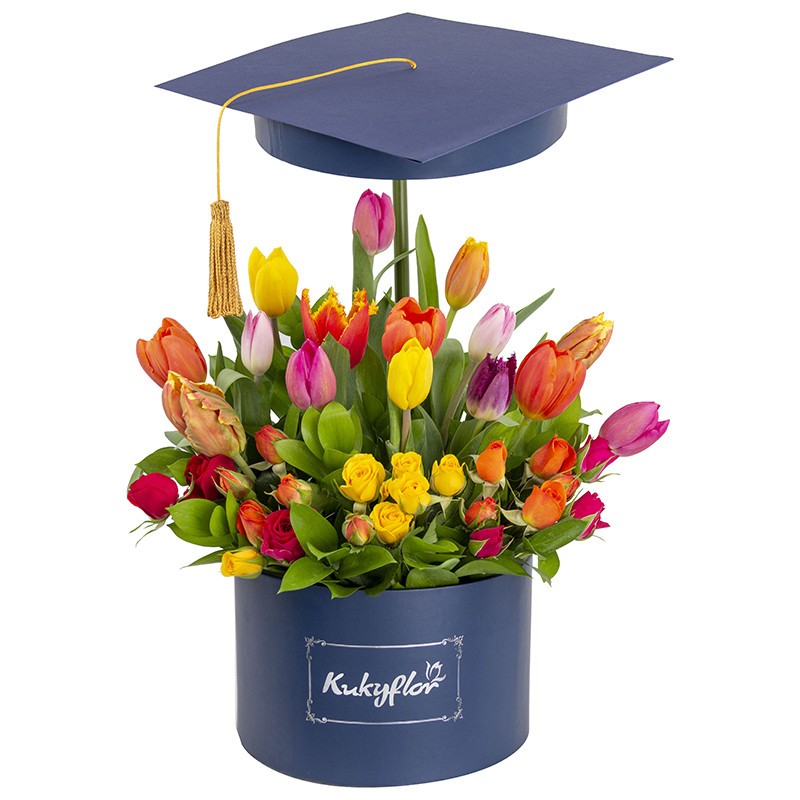 Low box with 15 assorted tulips and 6 assorted minirosas graduated