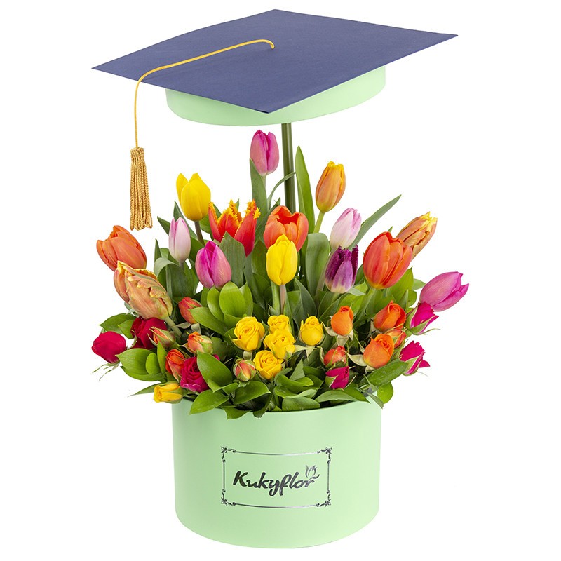 Low box with 15 assorted tulips and 6 assorted minirosas graduated