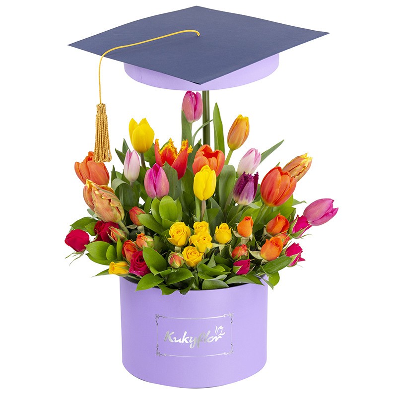 Low box with 15 assorted tulips and 6 assorted minirosas graduated