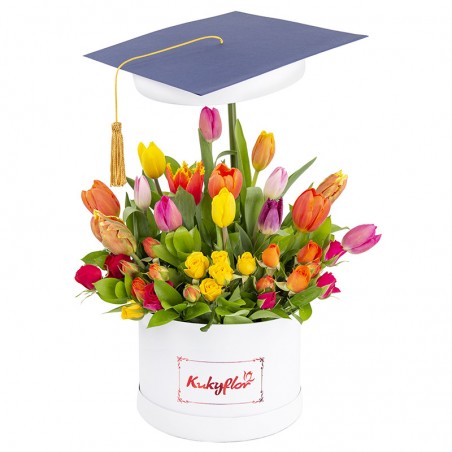 Box  bajo con 15 tulipanes variados y 6 minirosas variadas graduado