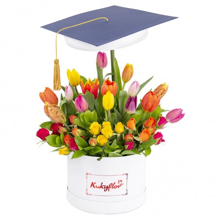 Low box with 15 assorted tulips and 6 assorted minirosas graduated