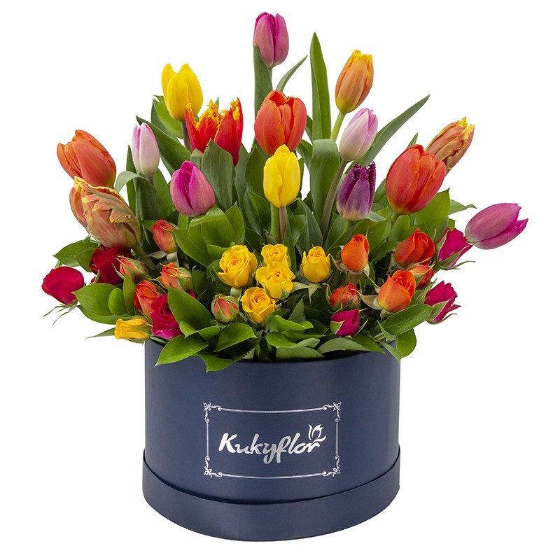 Box  bajo con 15 tulipanes variados y 6 minirosas variadas