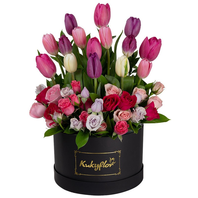 Box bajo con 15 tulipanes variados y 6 minirosas variadas Box bajo con 15 tulipanes variados y 6 minirosas variadas