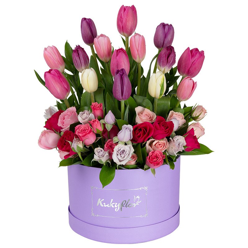 Box bajo con 15 tulipanes variados y 6 minirosas variadas Box bajo con 15 tulipanes variados y 6 minirosas variadas