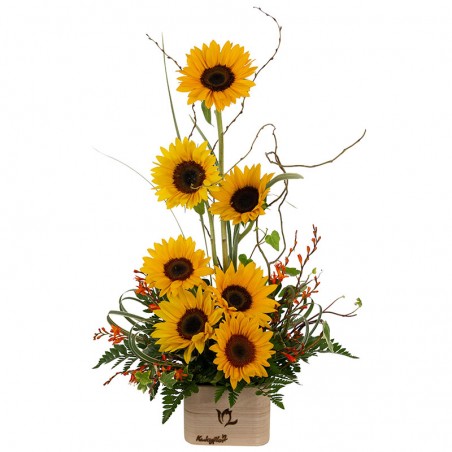 Arrangement of Sunflowers on a wooden base