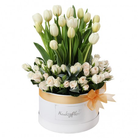 Box of 15 White Tulips and Mini White Roses