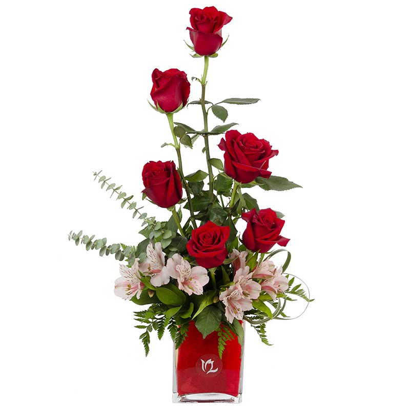 Vase of roses with alstroemeria